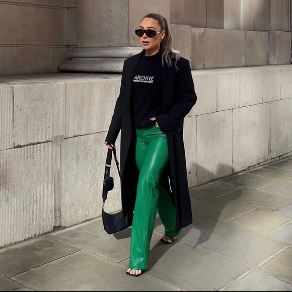 ZARA COLOURED FAUX LEATHER TROUSERS GREEN SIZE-XL - Picture 2 of 16